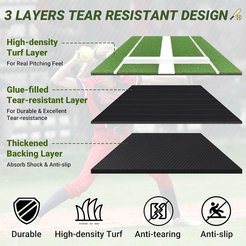 Neoaider Softball Pitching Mat with 30MM Thickened Picthing Mound, Non-Slip Backing, Anti-Fade Turf, 10x3 ft Pitching Mat for Indoor & Outdoor Use, Gift for Softball/Baseball Enthusiast, Green/Clay - Image 3